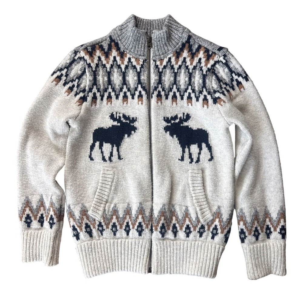 Abercrombie Kids Zip Up Sweater 7/8 Cream Moose Fair Isle Cardigan Excellent
